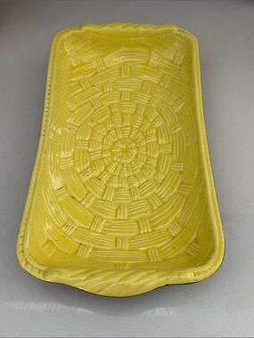 Vintage 60s 70s Yellow Ceramic Basketweave Serving Tray - Treasure Craft # 413